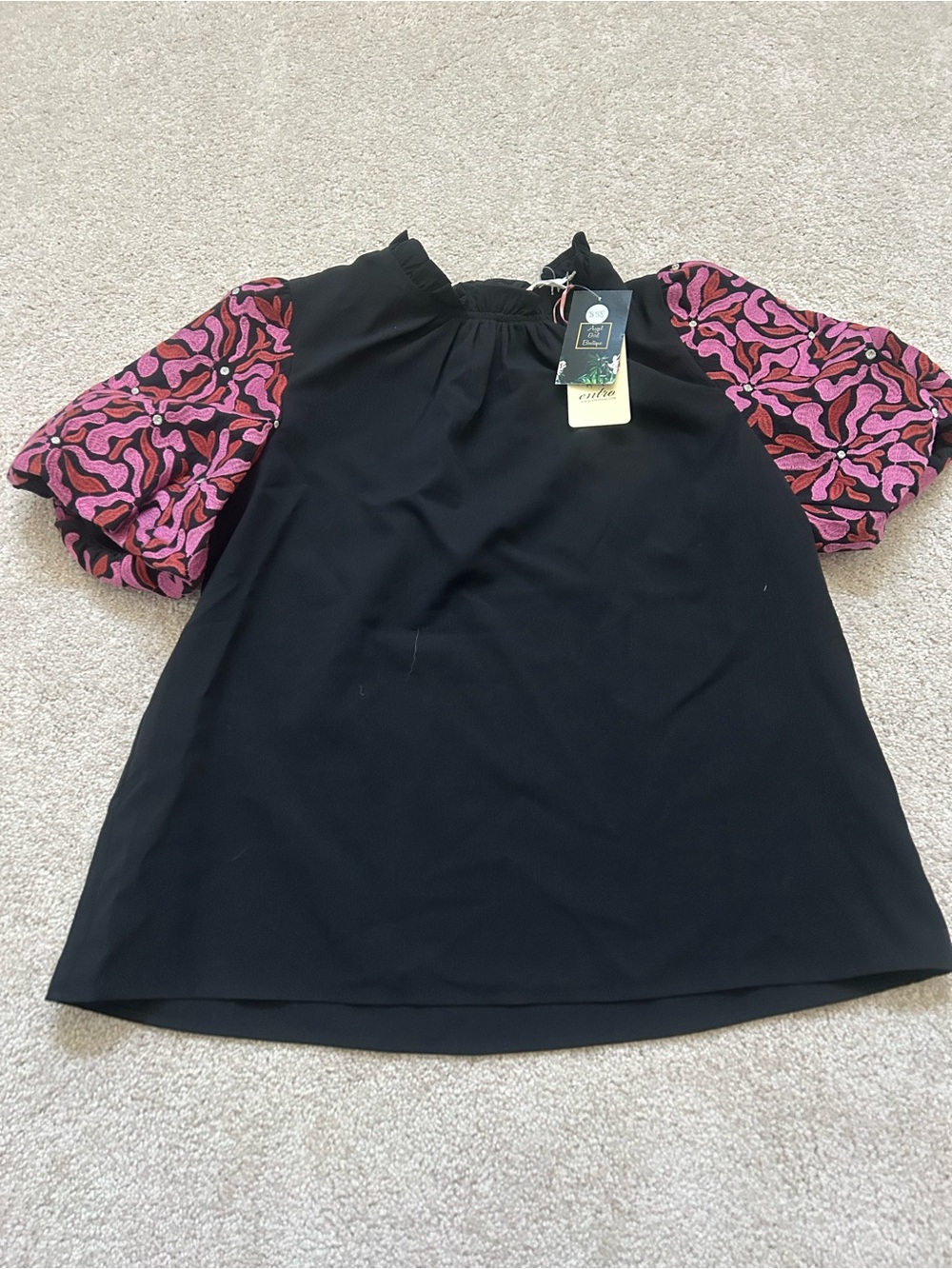 entro Black Top with Pink Patterned Puff Sleeves